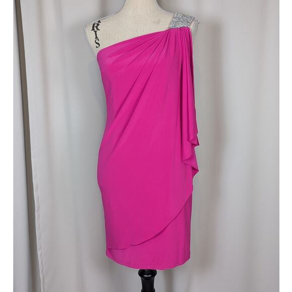 Y2K Cache One Shoulder Rhinestone Trim Mini Dress Hot Pink Size 2 - Picture 12 of 16
